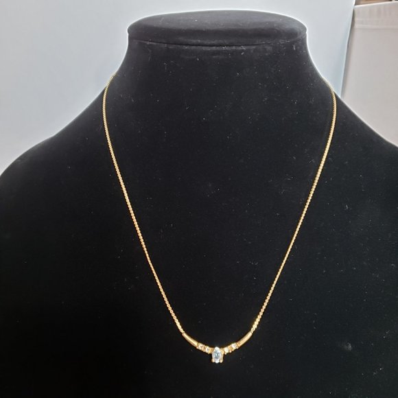 NECKLACE Gold Tone With 4 Small Clear & 1 Center Sky Blue Rhinestones 19” - Picture 3 of 16